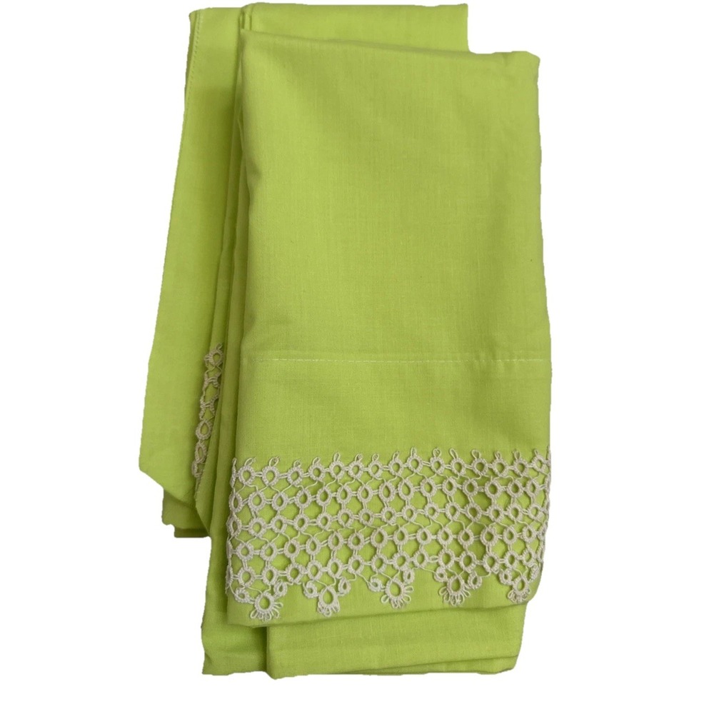 Vintage Sears Lime‎ Green Crocheted Edge (2) King Pillowcases NWOT